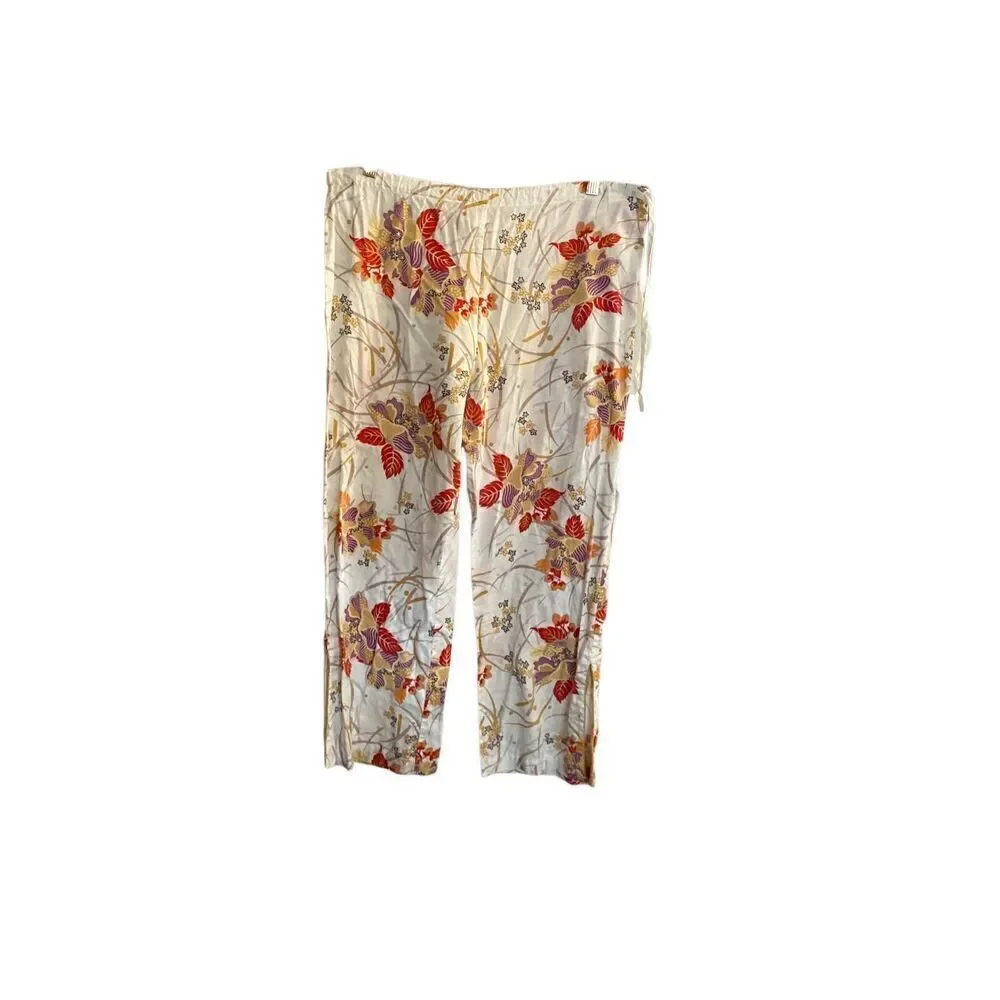 Natori women’s pajama pants, white floral, print drawstring, size medium